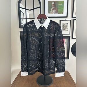 Ann Taylor Black Lace Button Down Shirt with White Collar